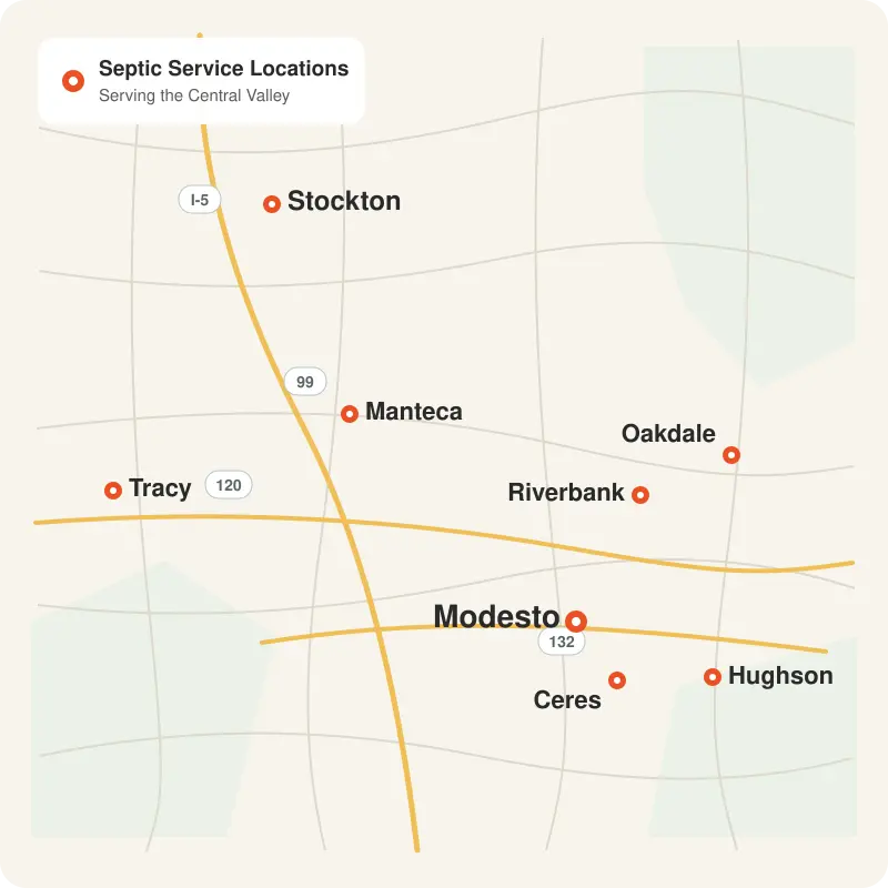 Location septic service map in the Modesto CA area Location septic service map in the Modesto CA area