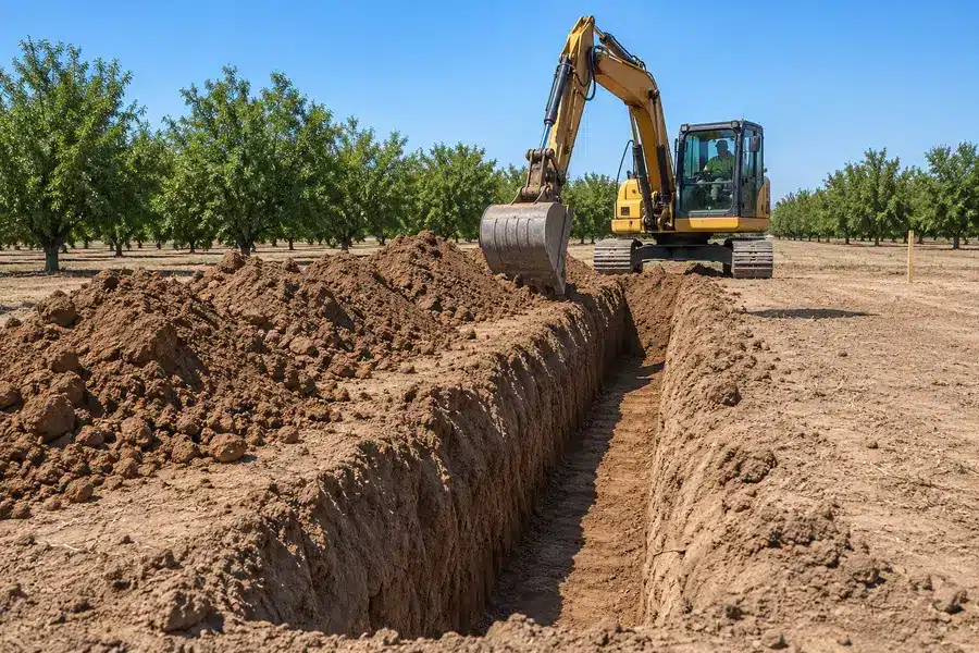 Excavator preparing a trench on a Central Valley property Excavator preparing a trench on a Central Valley property