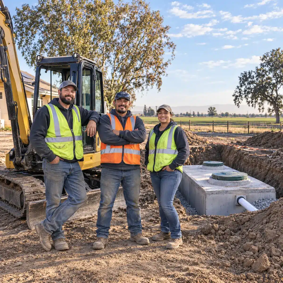 Construction crew beside excavation equipment at a septic installation site Construction crew beside excavation equipment at a septic installation site