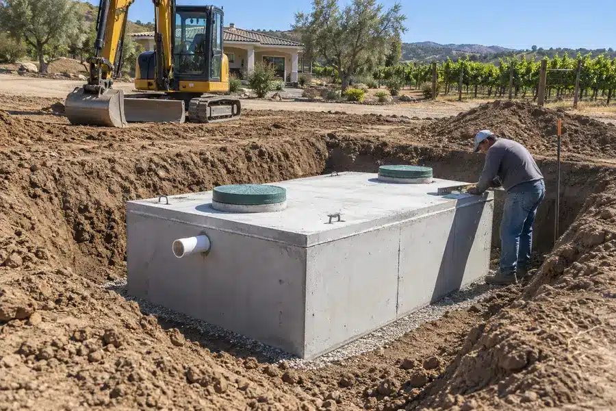 Concrete septic tank being installed in a prepared excavation Concrete septic tank being installed in a prepared excavation