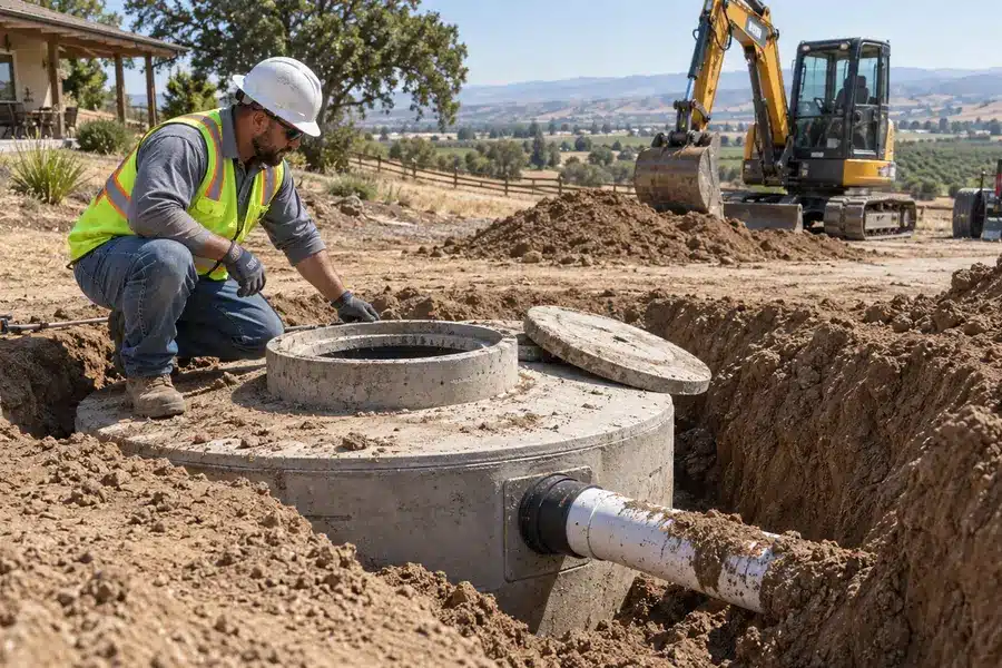 Worker inspecting an exposed septic tank during replacement work Worker inspecting an exposed septic tank during replacement work