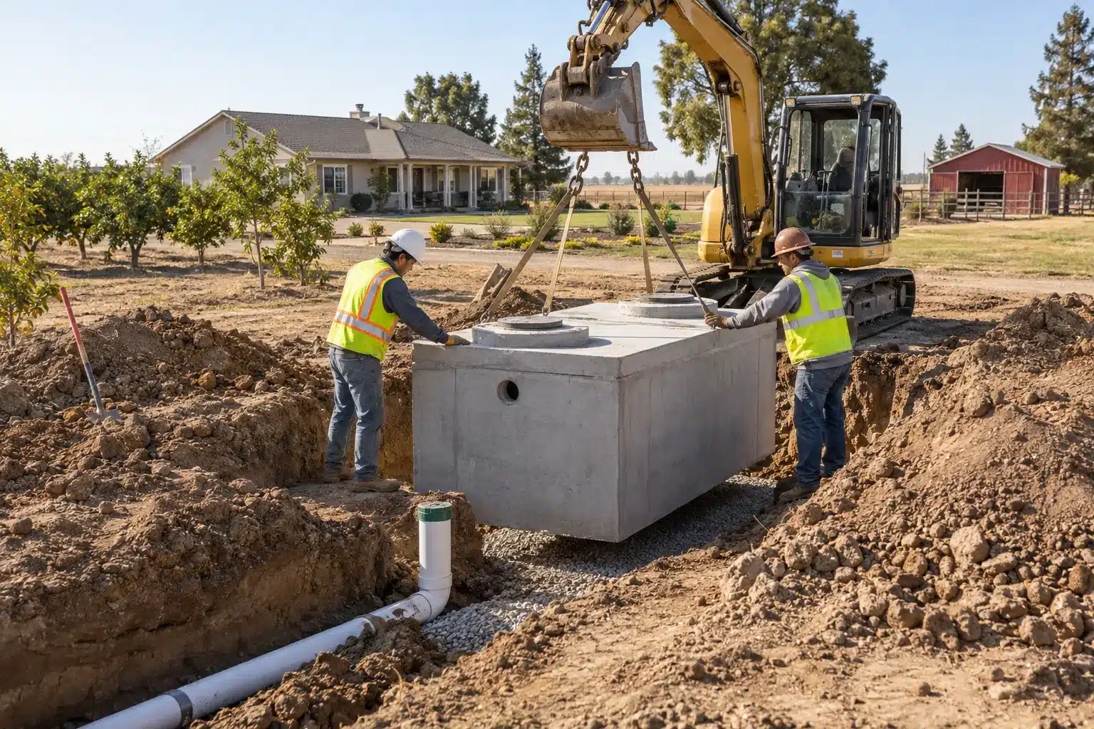 Crew installing a septic tank on a rural residential property near Stockton, California Crew installing a septic tank on a rural residential property near Stockton, California