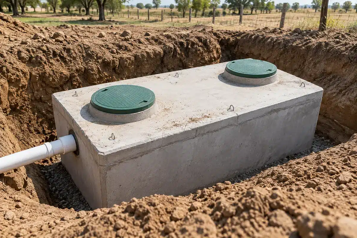 Crew installing a precast septic tank on a rural property Crew installing a precast septic tank on a rural property