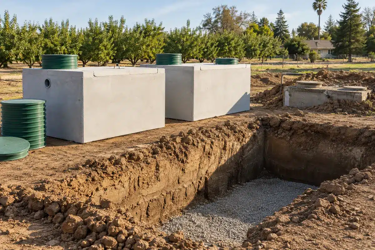 Crew replacing a precast septic tank on a rural property Crew replacing a precast septic tank on a rural property