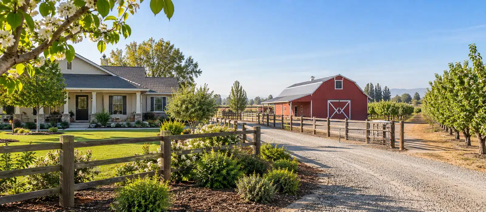 Rural property with residential house, barn, and orchard. Rural property with residential house, barn, and orchard.