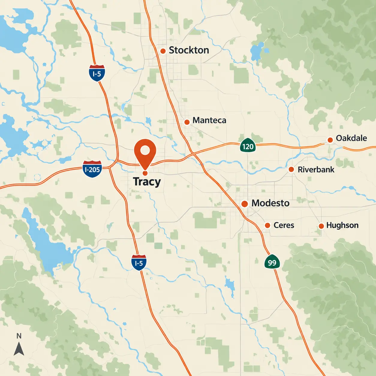 Map showing Tracy and nearby Perennial Builders septic service areas Map showing Tracy and nearby Perennial Builders septic service areas